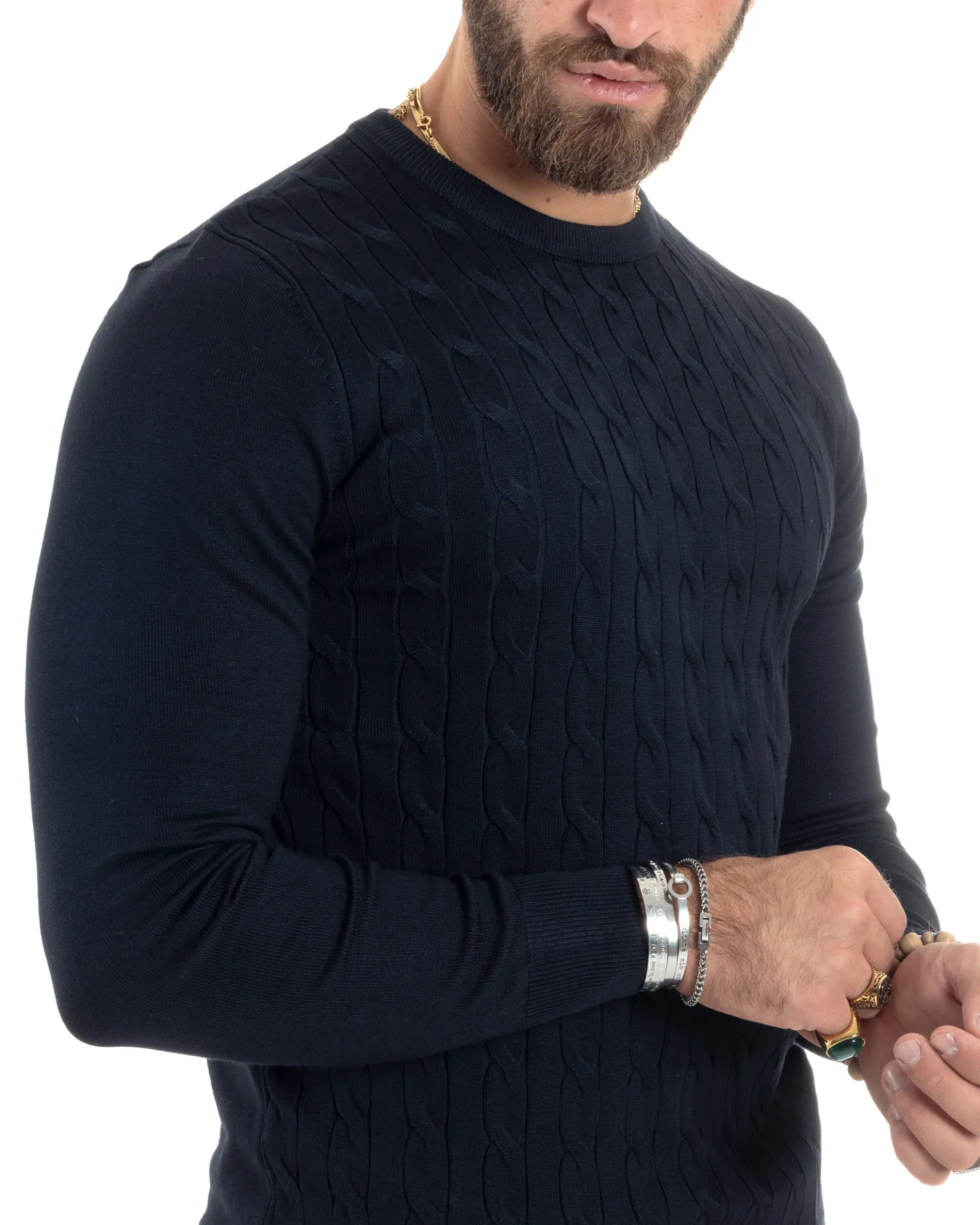 Maglione Uomo Girocollo Viscosa Treccia Maglioncino Lavorato Maglia Calda Basic Maniche Lunghe Tinta Unita Casual Blu GIOSAL-M2900A