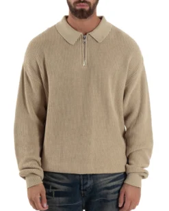 Maglione Uomo Polo Con Zip Maglia Inglese Con Colletto Beige M3022A