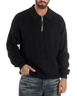 Maglione Uomo Polo Con Zip Maglia Inglese Con Colletto Nero M3023A