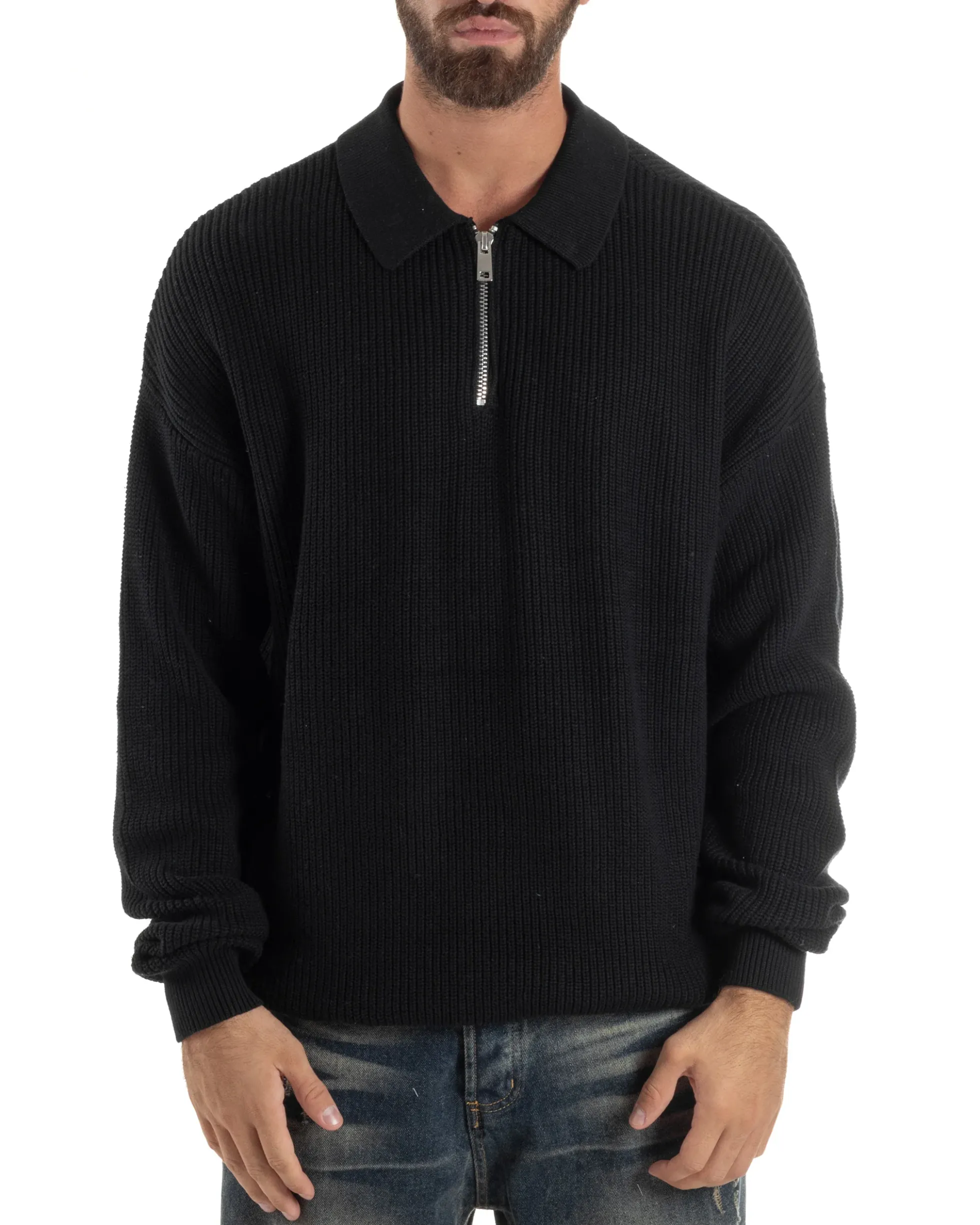 Maglione Uomo Polo Con Zip Maglia Inglese Con Colletto Nero M3023A