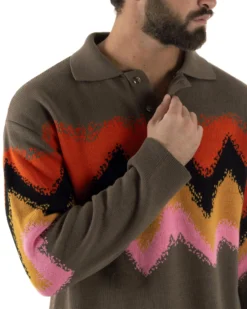 Maglione Uomo Polo Oversize Lana Spalle Scese Multicolore Marrone M3085A