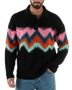 Maglione Uomo Polo Oversize Lana Spalle Scese Multicolore Nero M3086A