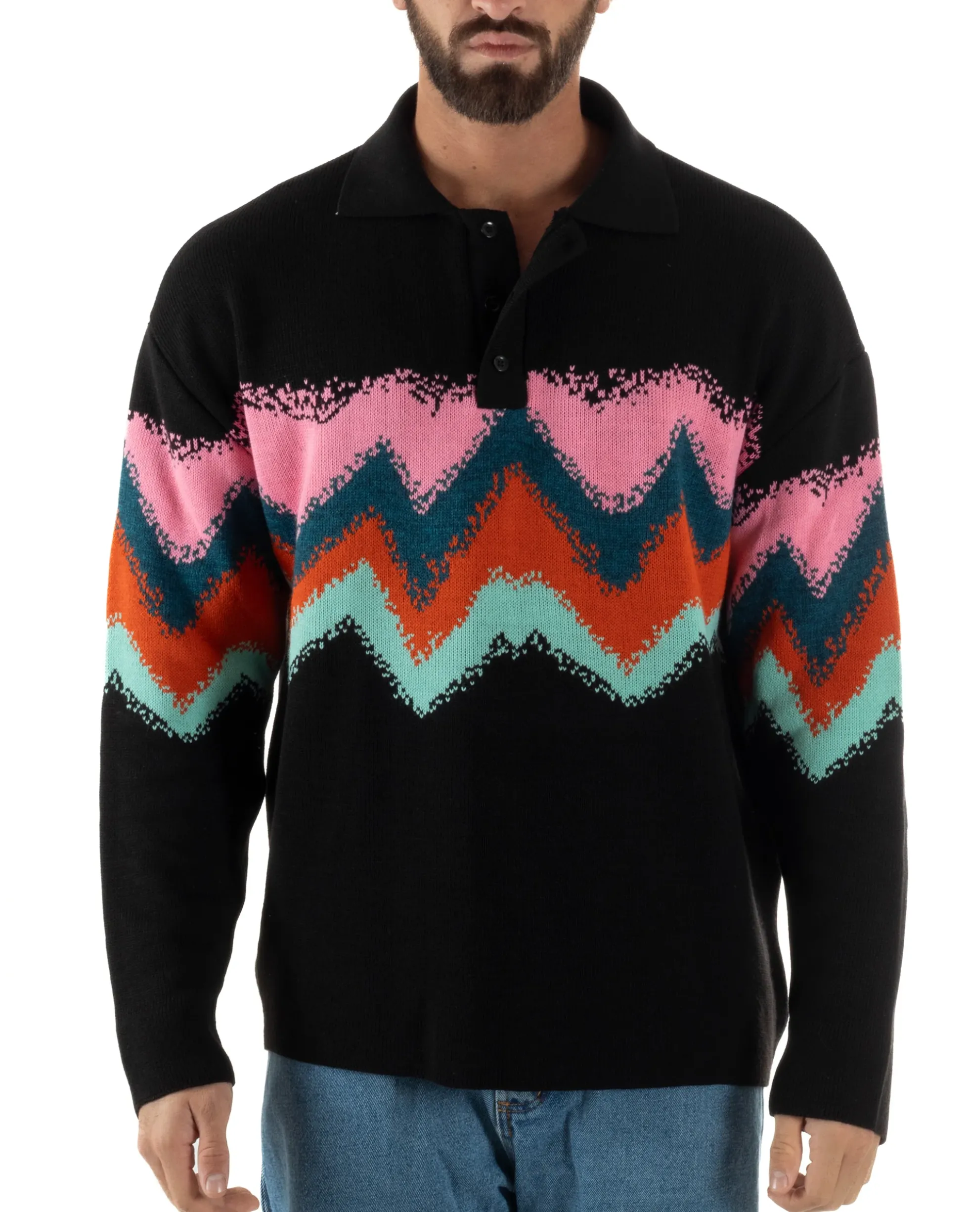 Maglione Uomo Polo Oversize Lana Spalle Scese Multicolore Nero M3086A