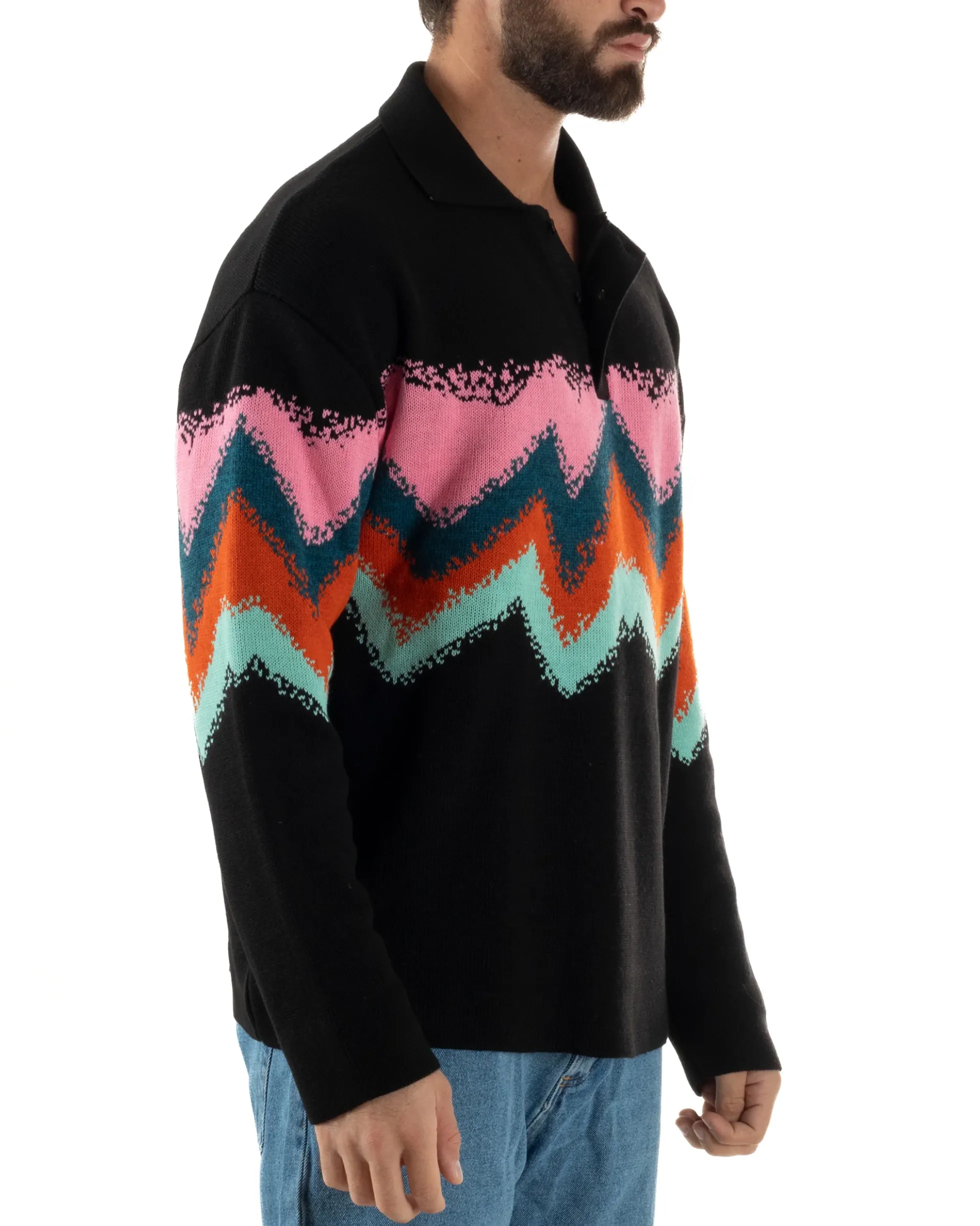 Maglione Uomo Polo Oversize Lana Spalle Scese Multicolore Nero M3086A