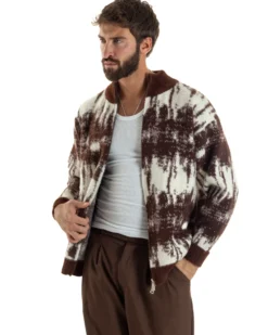 Maglione Uomo Pullover Zip Intera Maglia Lana Mohair Fantasia Bicolore Marrone M3078A