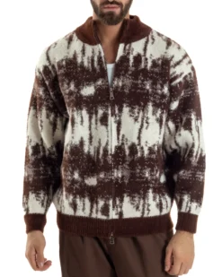 Maglione Uomo Pullover Zip Intera Maglia Lana Mohair Fantasia Bicolore Marrone M3078A