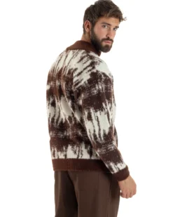 Maglione Uomo Pullover Zip Intera Maglia Lana Mohair Fantasia Bicolore Marrone M3078A