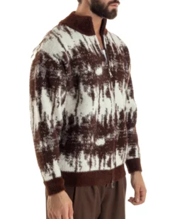 Maglione Uomo Pullover Zip Intera Maglia Lana Mohair Fantasia Bicolore Marrone M3078A