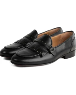 Mocassini uomo con fibbia frangia borchie scarpe copelle eleganti pelle vitello cerimonia suola di cuoio con ovalino antiscivolo casual nero GIOSAL-S1272A