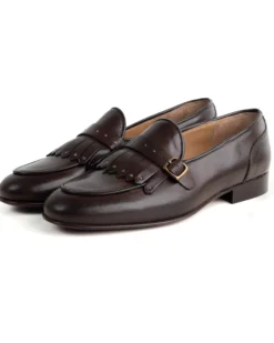 Mocassini uomo con fibbia frangia borchie scarpe copelle eleganti pelle vitello cerimonia suola di cuoio con ovalino antiscivolo casual marrone GIOSAL-S1271A