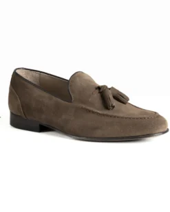 Mocassini uomo con nappine scarpe camoscio eleganti cerimonia pelle scamosciata suola di cuoio con ovalino antiscivolo casual tortora GIOSAL-S1322A