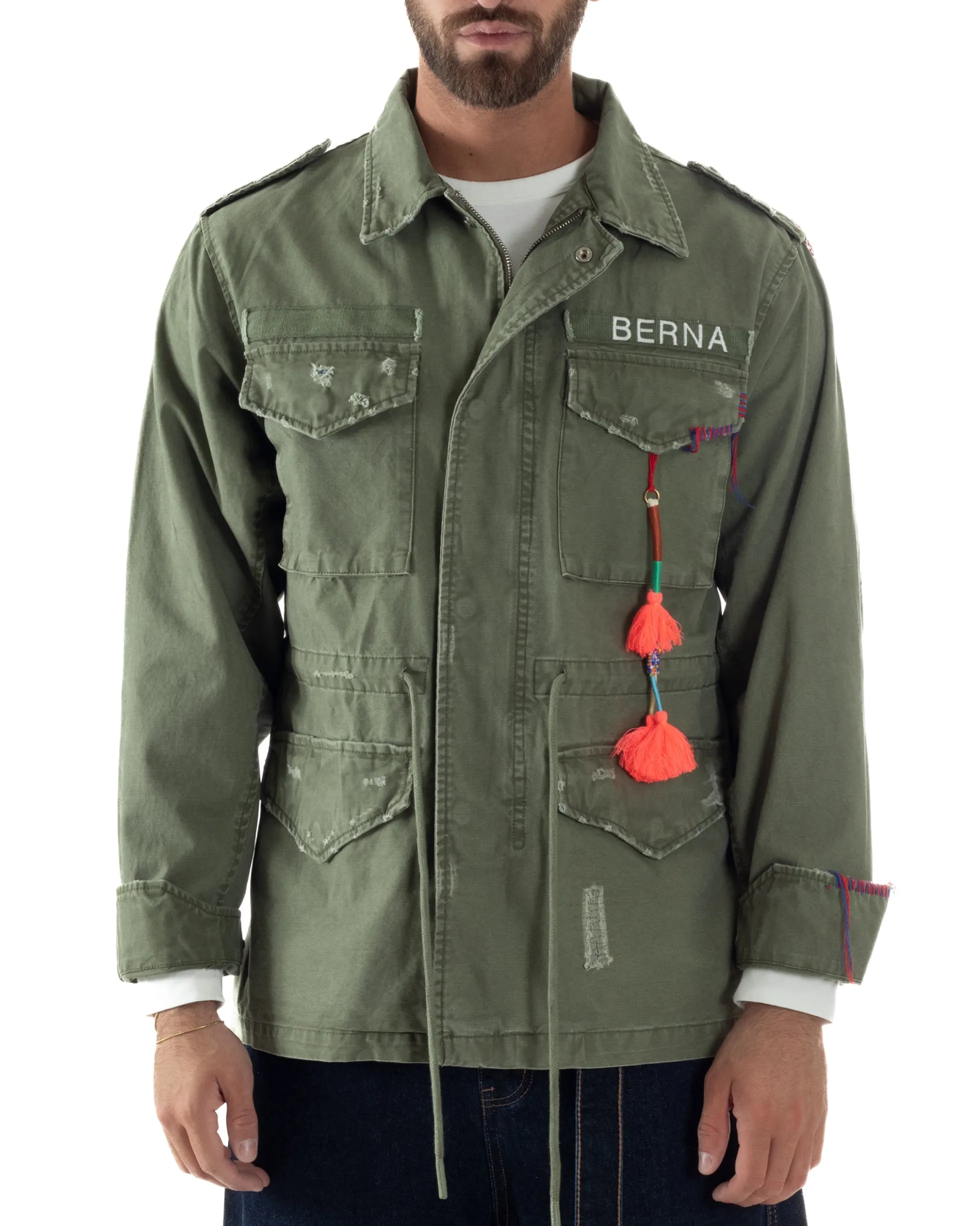 Overshirt giacca uomo sahariana destroy giubbotto camicione verde militare BERNA M-261254