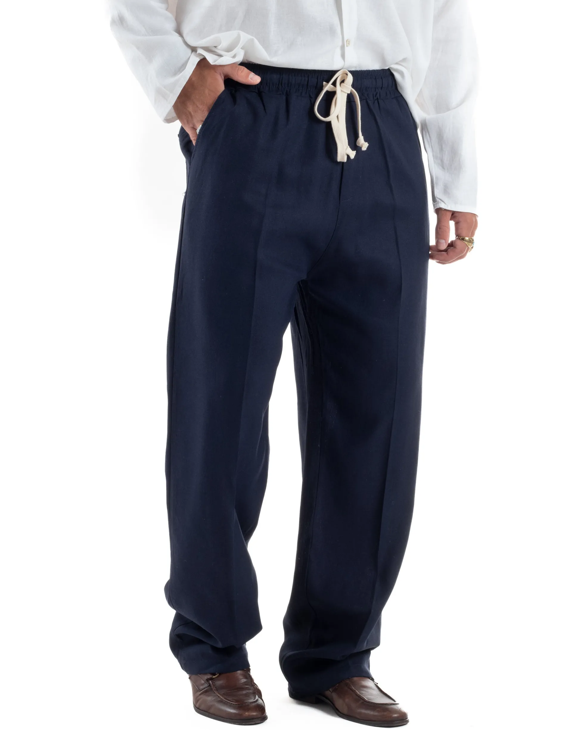 Pantalaccio lino uomo baggy fit morbido comodo blu P6302A