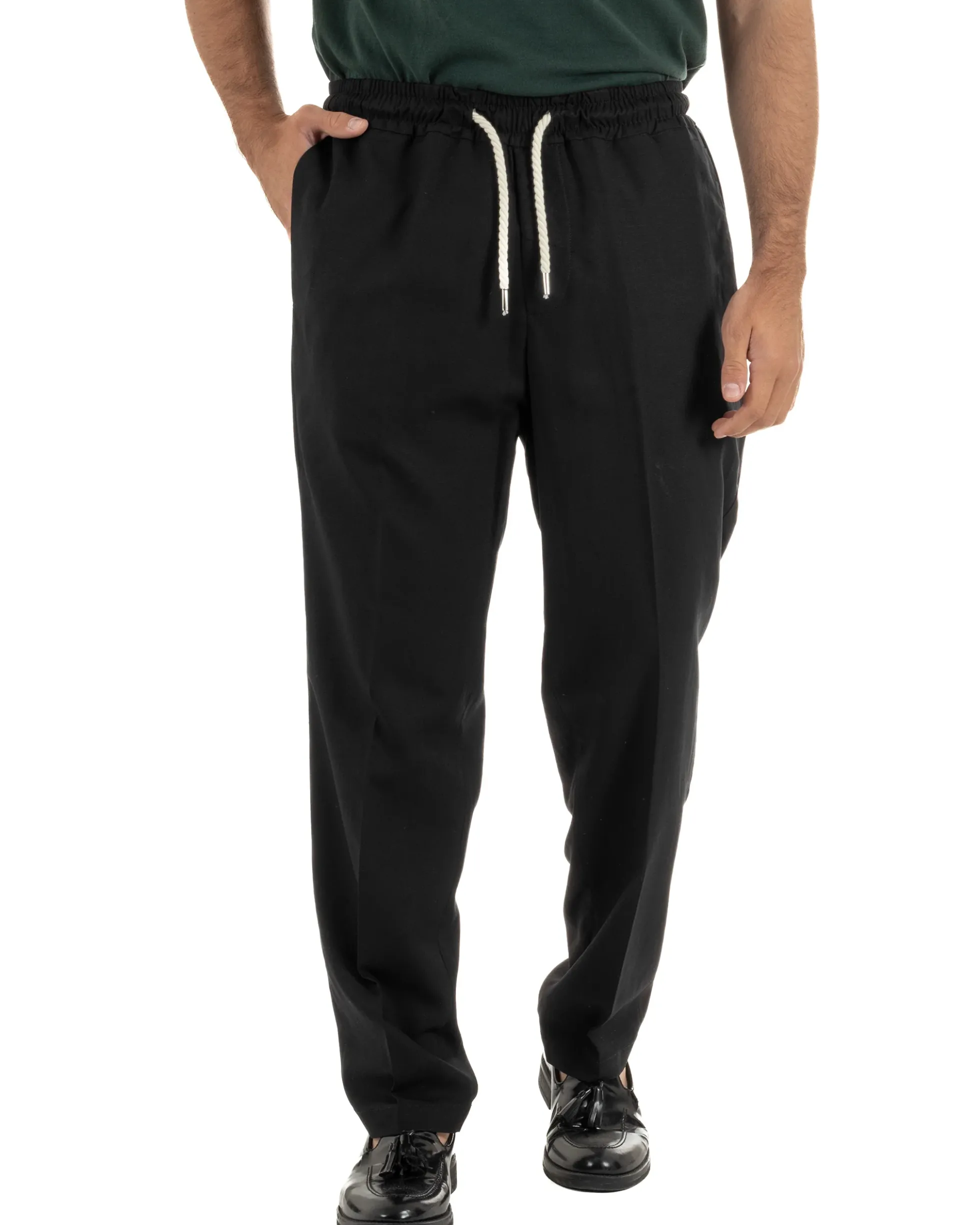 Pantalaccio uomo lino viscosa pantaloni coulisse relaxed fit nero BERNA M-261226