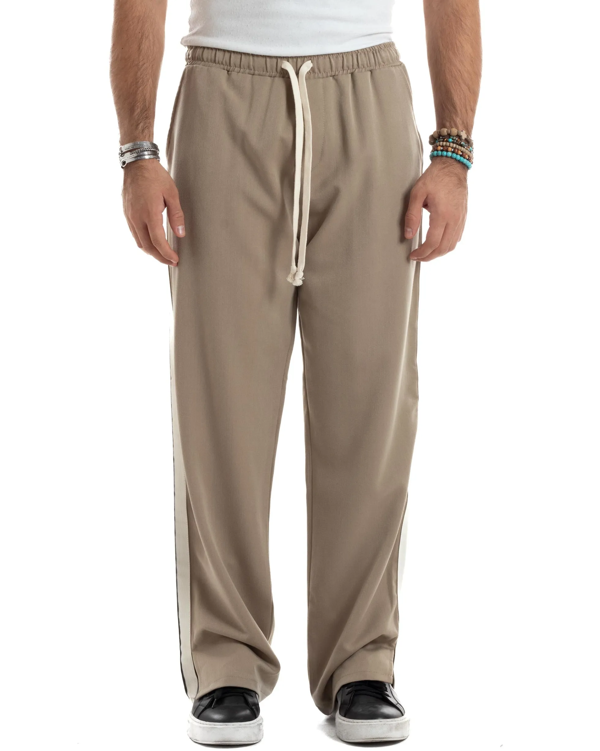 Pantalaccio Uomo Pantaloni Con Coulisse Morbido Viscosa Baggy Fondo Largo Comodo Beige Riga Lato GIOSAL-P6195A