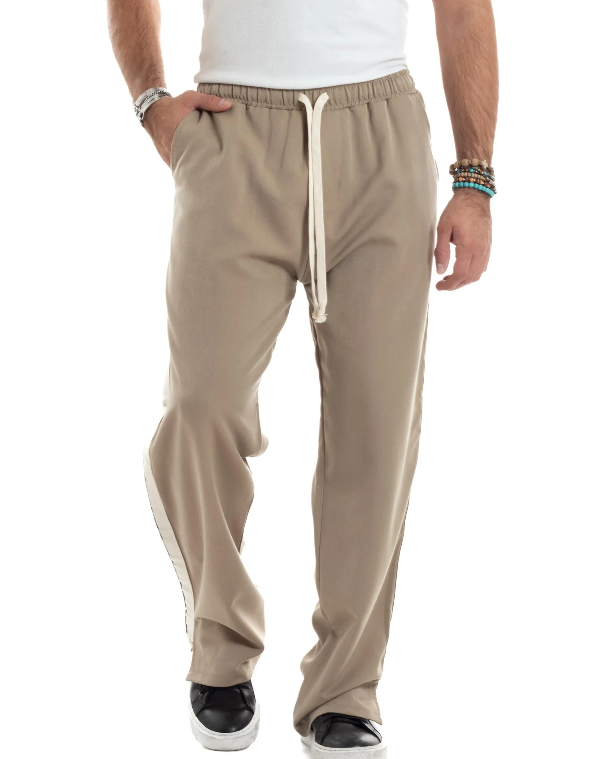 Pantalaccio Uomo Pantaloni Con Coulisse Morbido Viscosa Baggy Fondo Largo Comodo Beige Riga Lato GIOSAL-P6195A