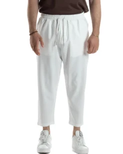 Pantalaccio Uomo Viscosa Pantaloni Casual Jogger Japan Cropped Dritto Tinta Unita Bianco GIOSAL-P6294A