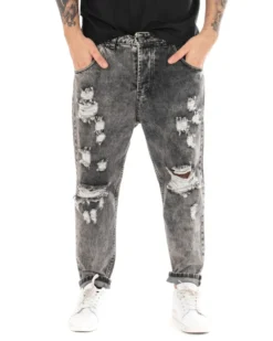 Pantaloni Jeans Uomo Loose Fit Denim Con Rotture Stone Washed Nero Casual GIOSAL-P5058A