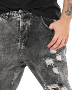 Pantaloni Jeans Uomo Loose Fit Denim Con Rotture Stone Washed Nero Casual GIOSAL-P5058A