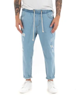 Pantaloni jeans uomo loose fit pantalaccio con rotture denim chiaro GIOSAL-P4083A