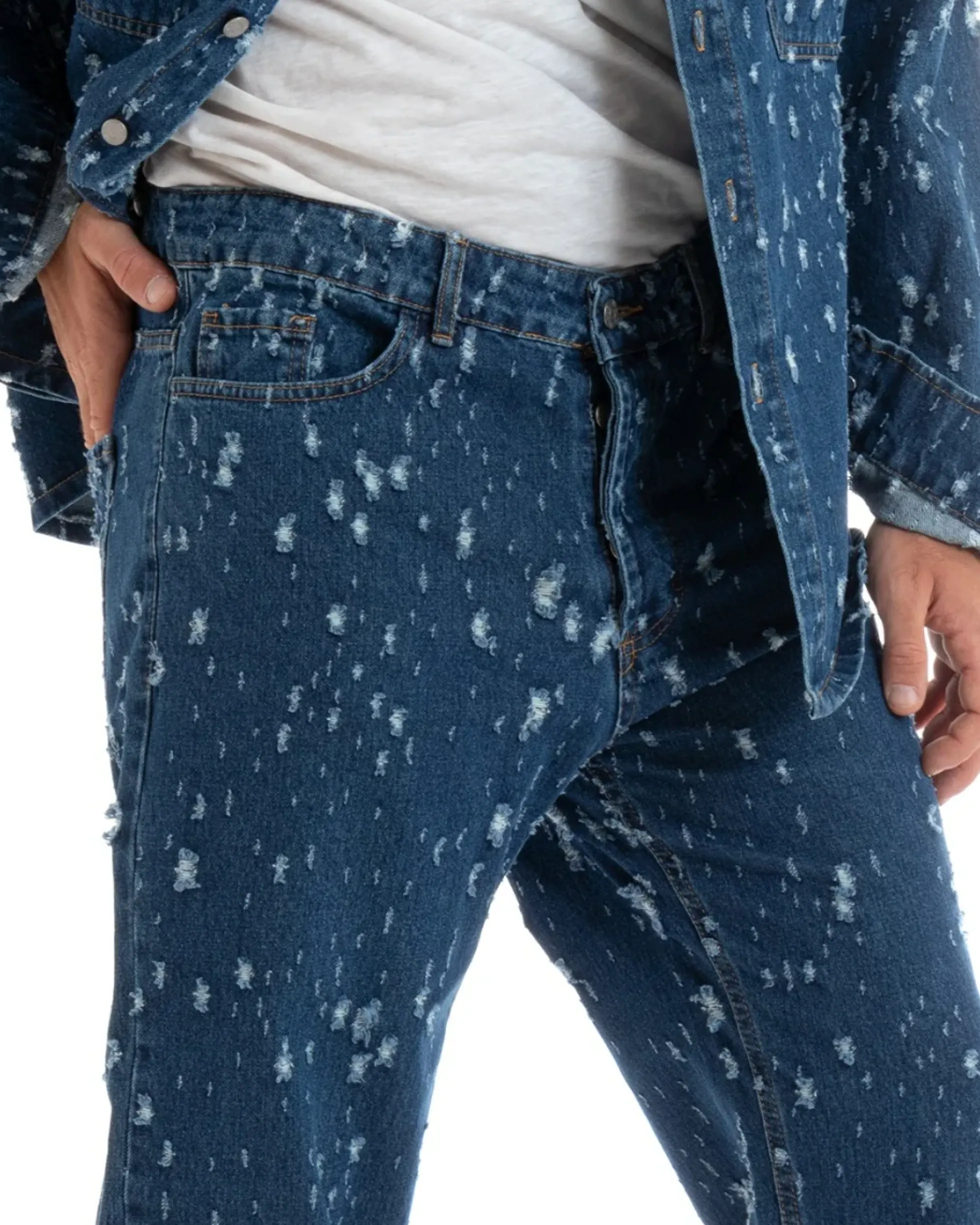 Pantaloni Jeans Uomo Straight Fit Denim Scuro Con Rotture Cinque Tasche GIOSAL-P5929A