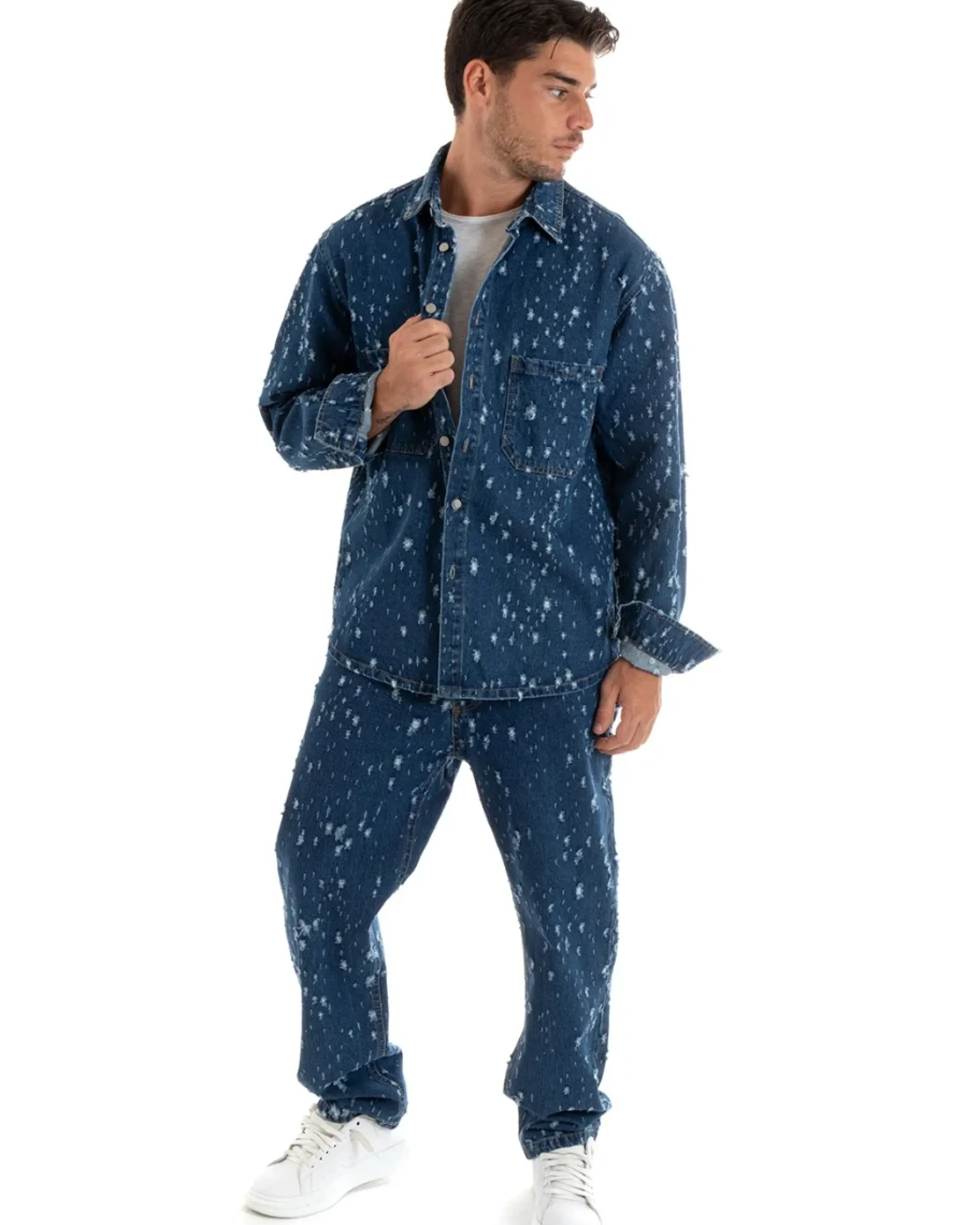 Pantaloni Jeans Uomo Straight Fit Denim Scuro Con Rotture Cinque Tasche GIOSAL-P5929A