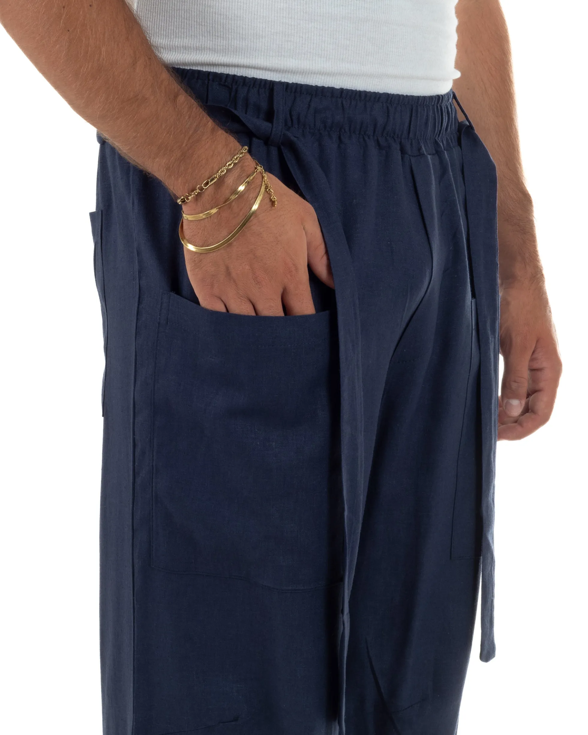 Pantaloni lino uomo baggy fit tasconi cintura blu GIOSAL-P6518A