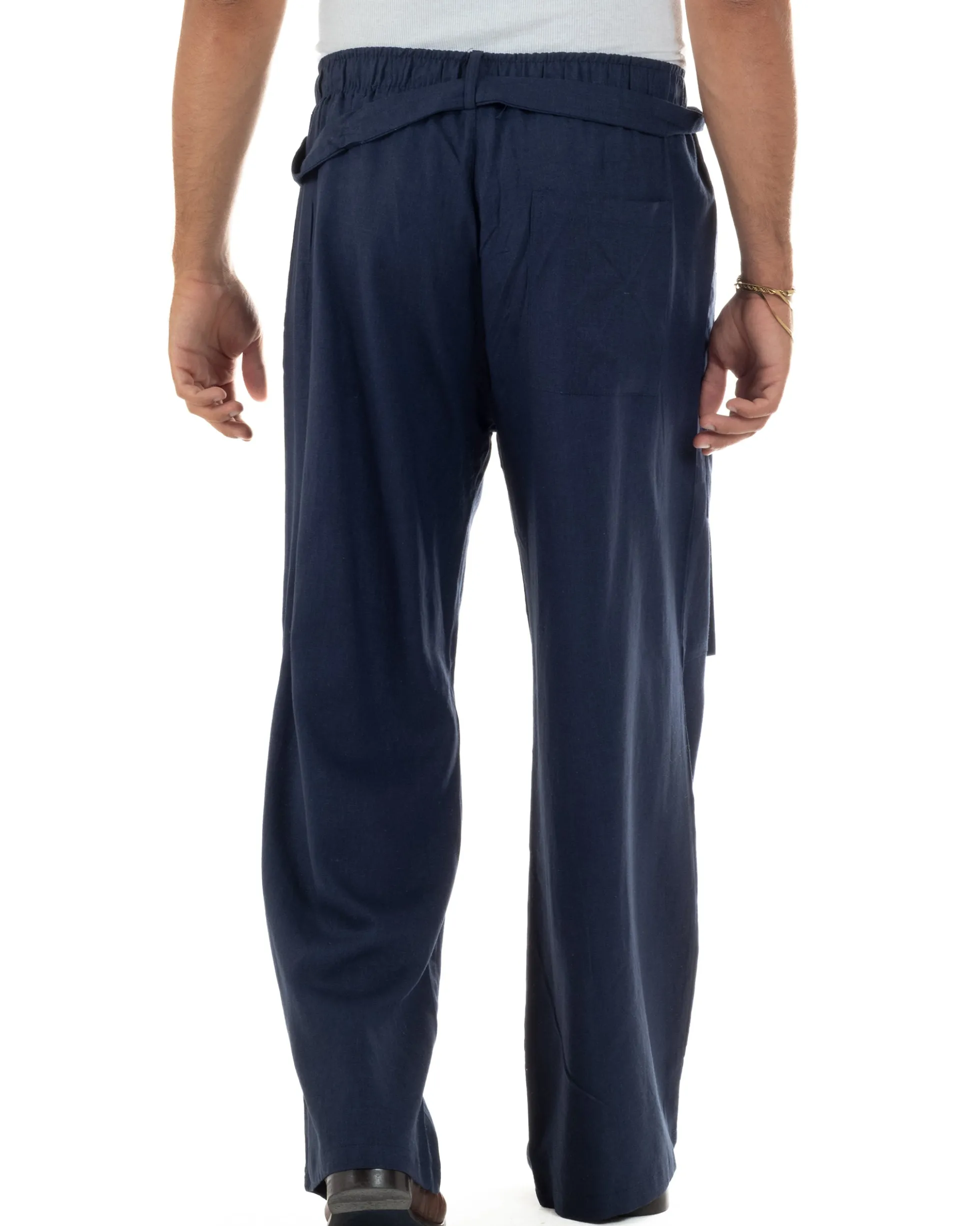 Pantaloni lino uomo baggy fit tasconi cintura blu GIOSAL-P6518A