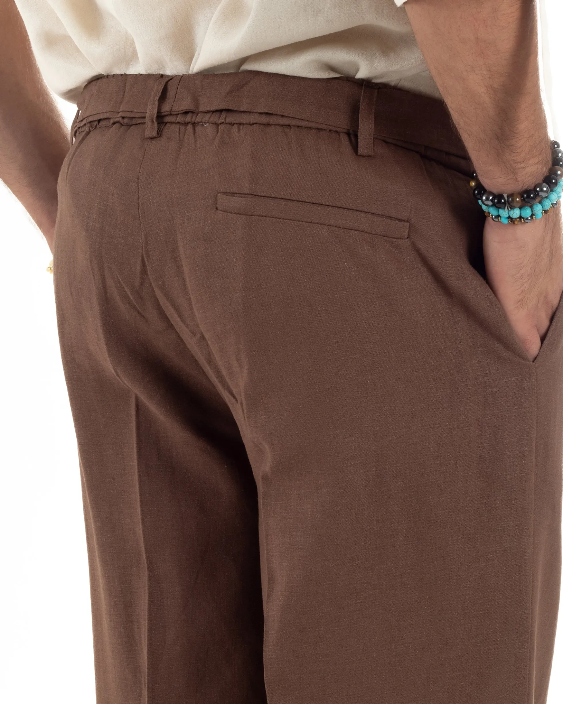 Pantaloni lino uomo baggy fit fondo ampio cintura marrone GIOSAL-P6318A