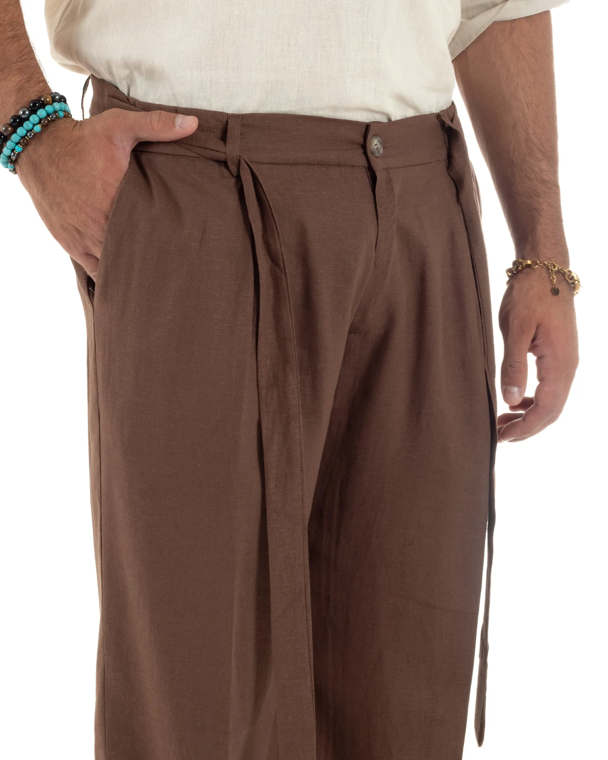 Pantaloni lino uomo baggy fit fondo ampio cintura marrone GIOSAL-P6318A