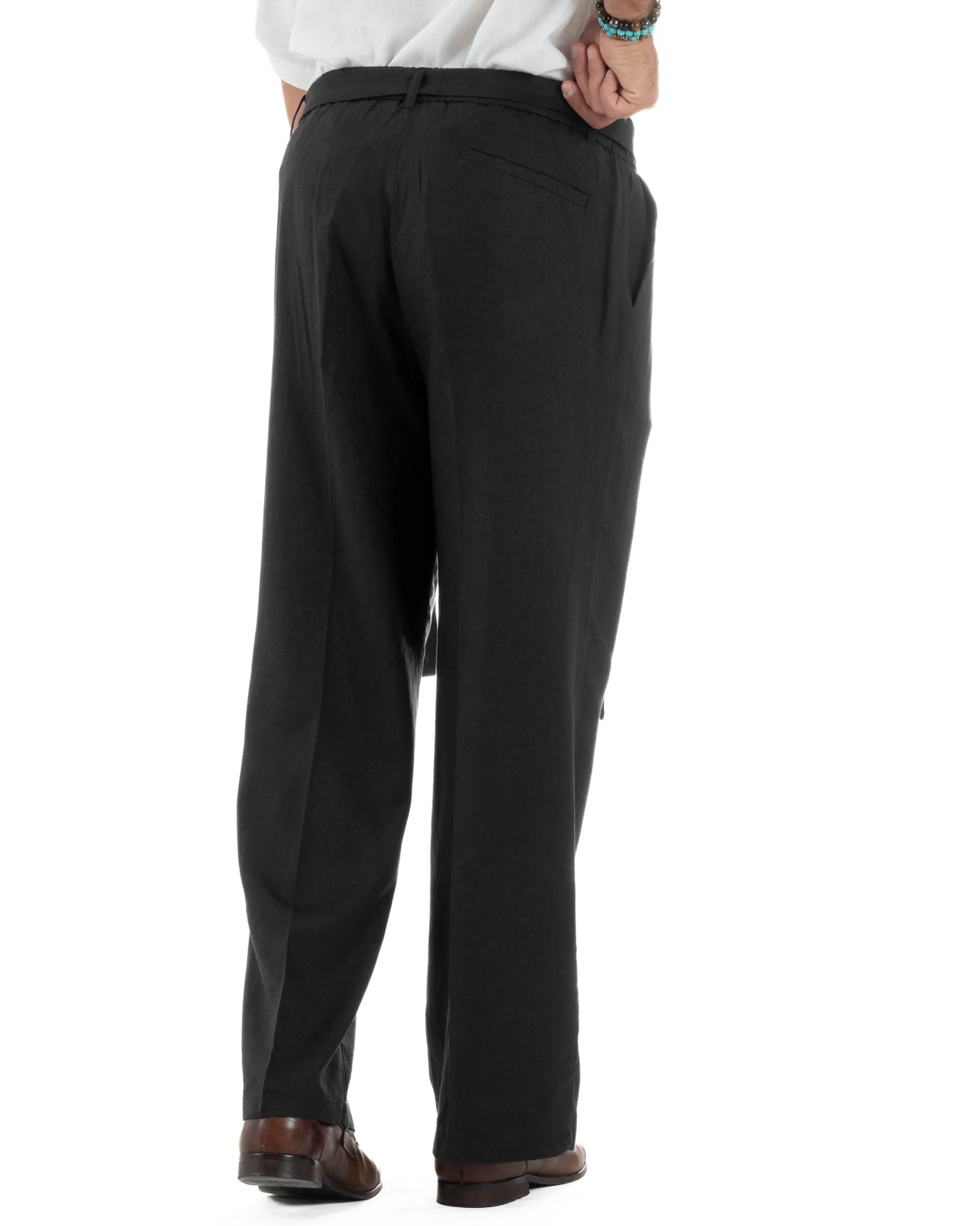 Pantaloni lino uomo baggy fit fondo ampio cintura nero GIOSAL-P6317A
