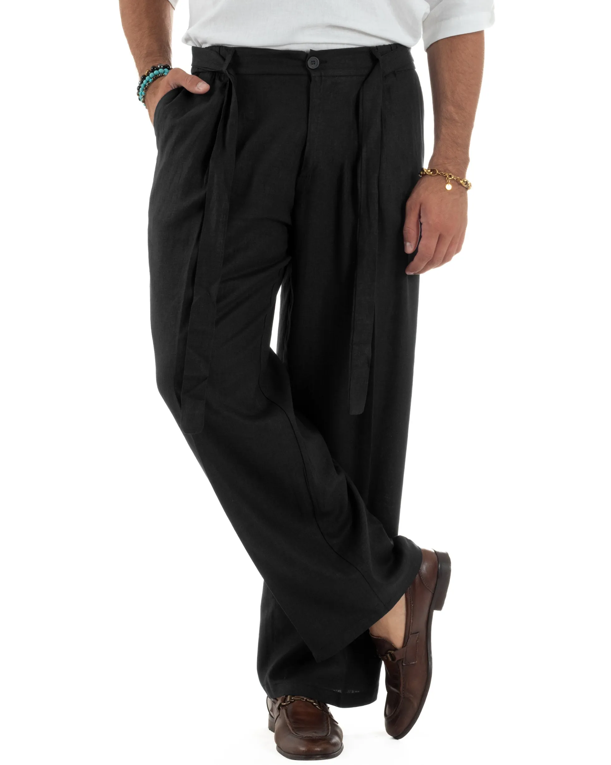 Pantaloni lino uomo baggy fit fondo ampio cintura nero GIOSAL-P6317A