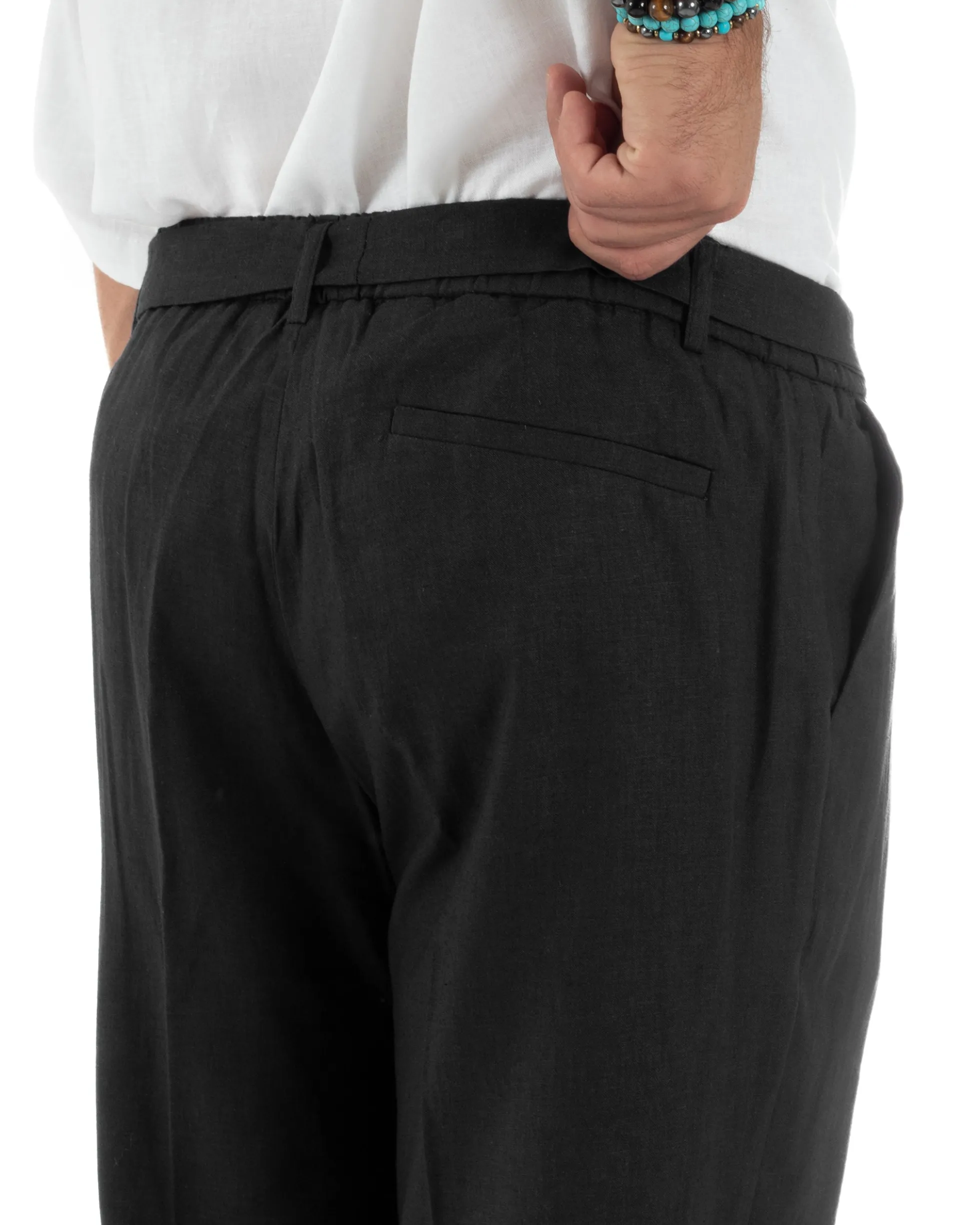 Pantaloni lino uomo baggy fit fondo ampio cintura nero GIOSAL-P6317A