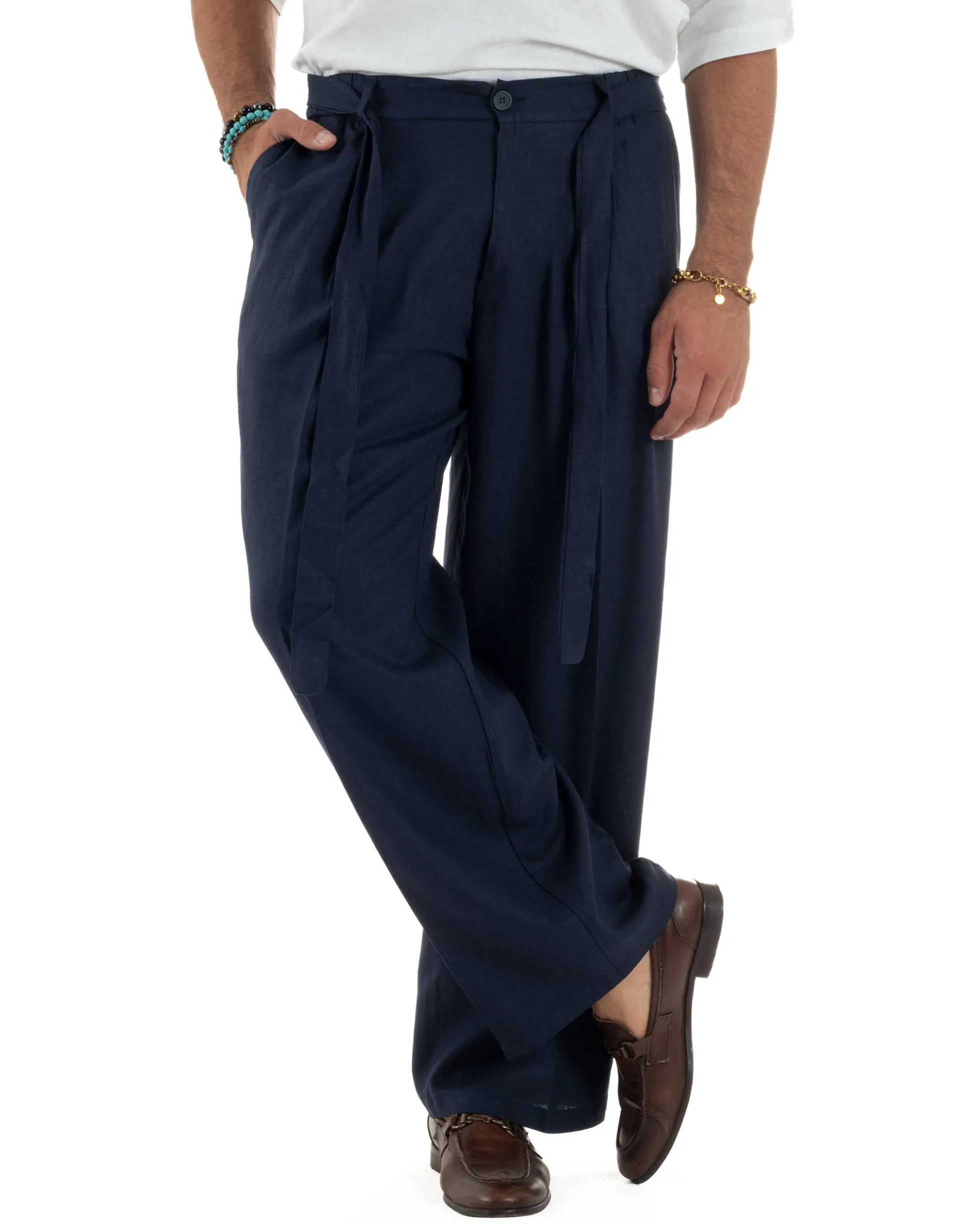 Pantaloni lino uomo baggy fit fondo ampio cintura blu GIOSAL-P6315A
