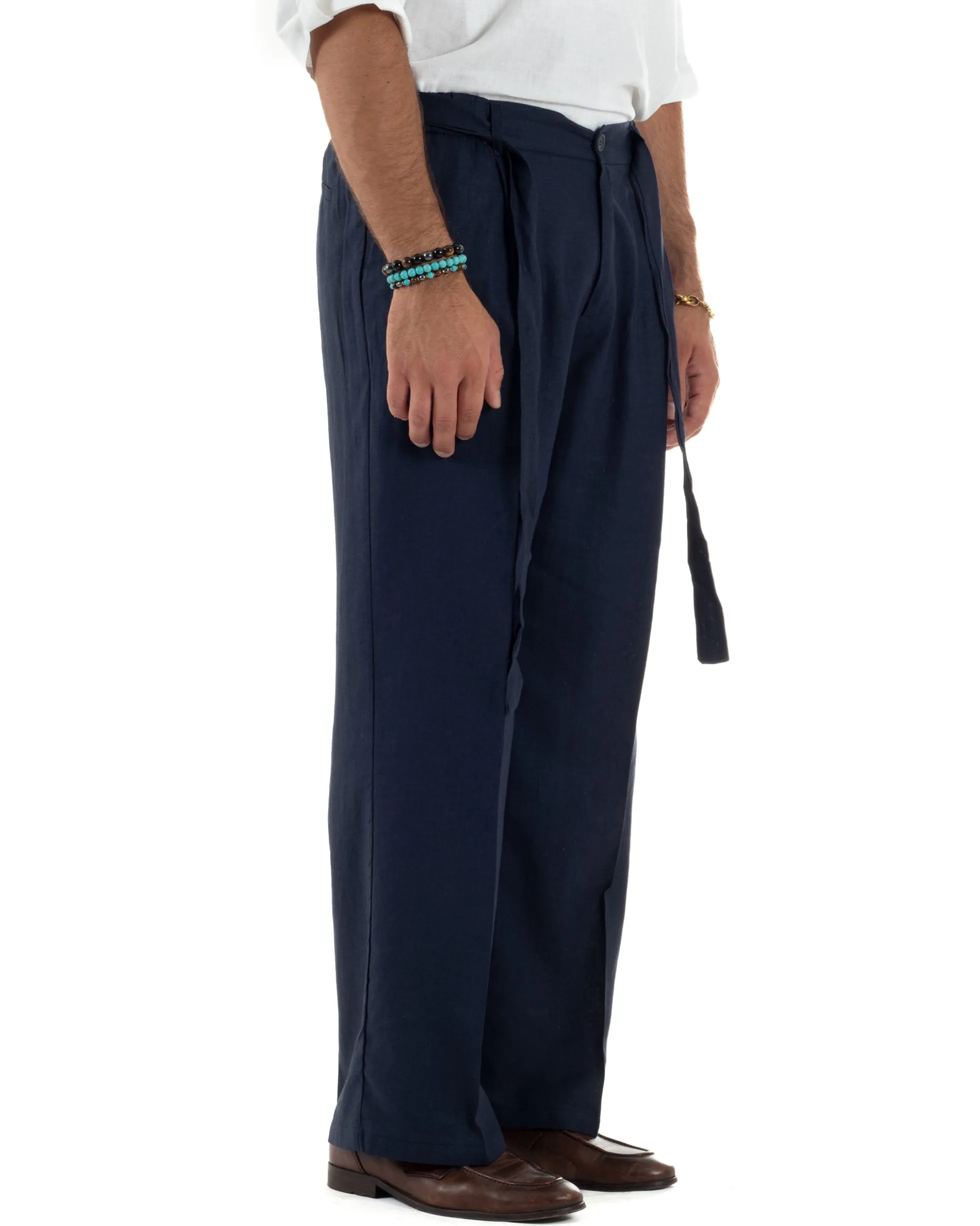 Pantaloni lino uomo baggy fit fondo ampio cintura blu GIOSAL-P6315A