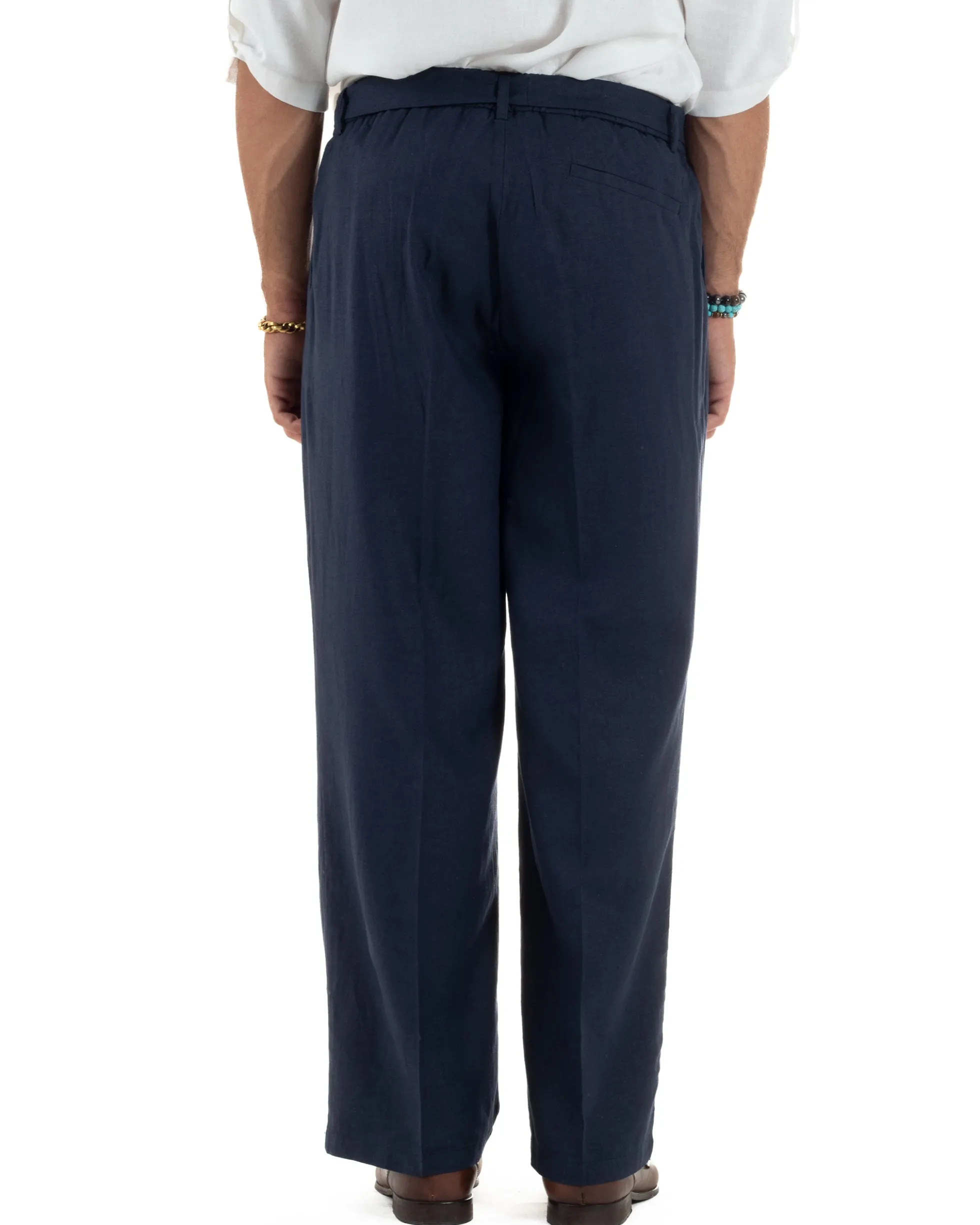 Pantaloni lino uomo baggy fit fondo ampio cintura blu GIOSAL-P6315A
