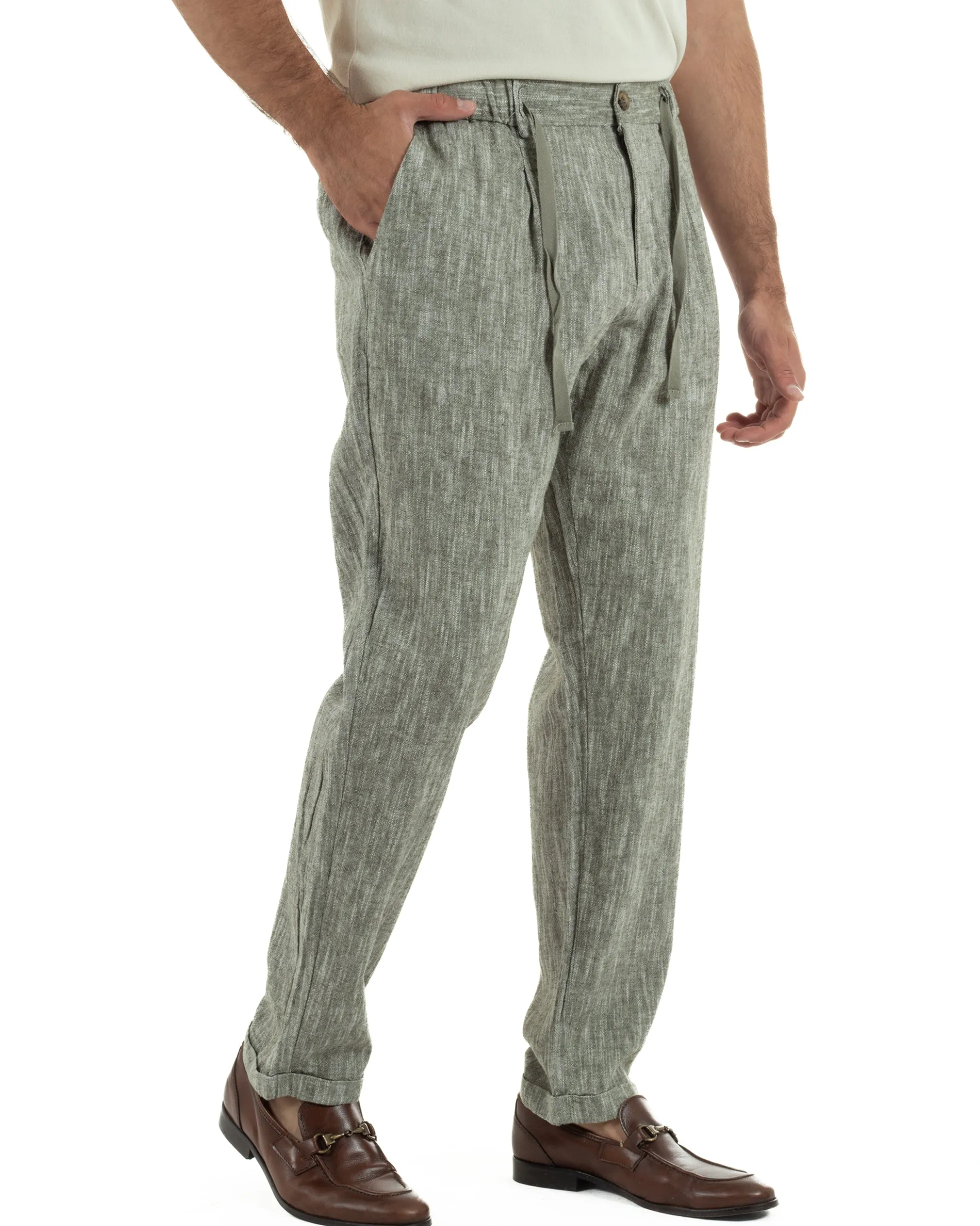 Pantaloni pantalaccio uomo lino sartoriale coulisse verde melangiato GIOSAL-P6511A