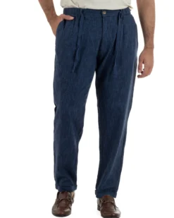 Pantaloni pantalaccio uomo lino sartoriale coulisse blu melangiato GIOSAL-P6510A