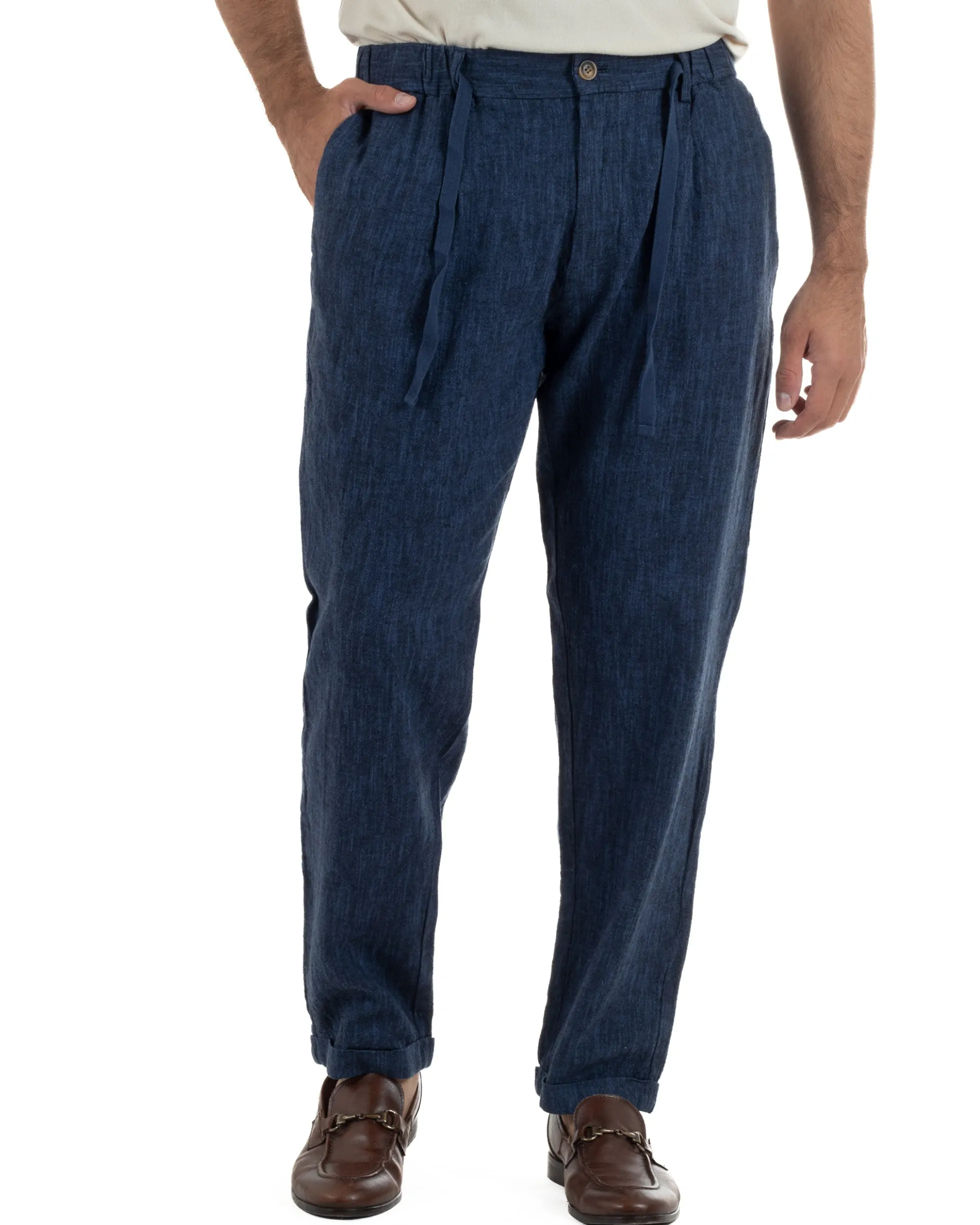 Pantaloni pantalaccio uomo lino sartoriale coulisse blu melangiato GIOSAL-P6510A