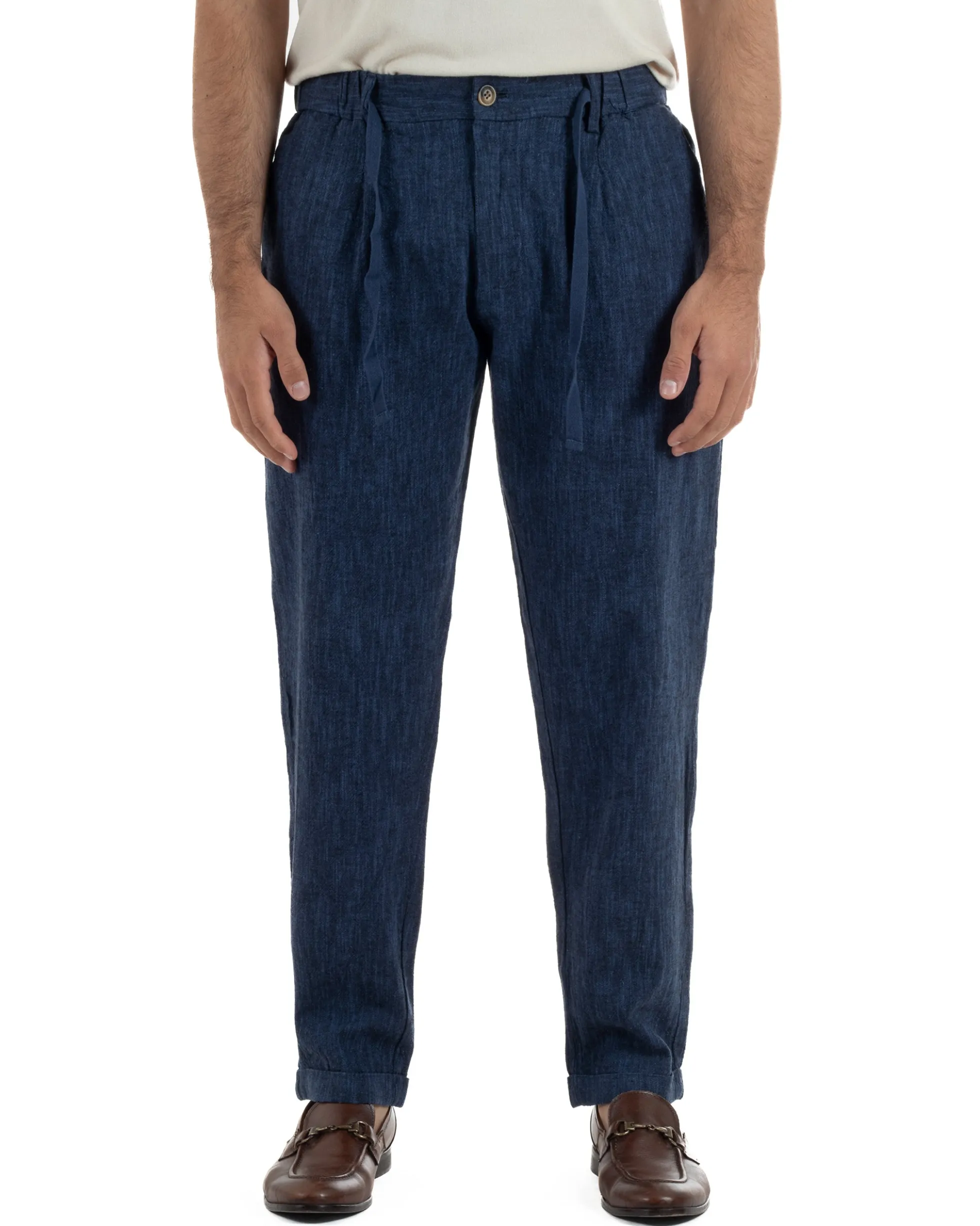 Pantaloni pantalaccio uomo lino sartoriale coulisse blu melangiato GIOSAL-P6510A