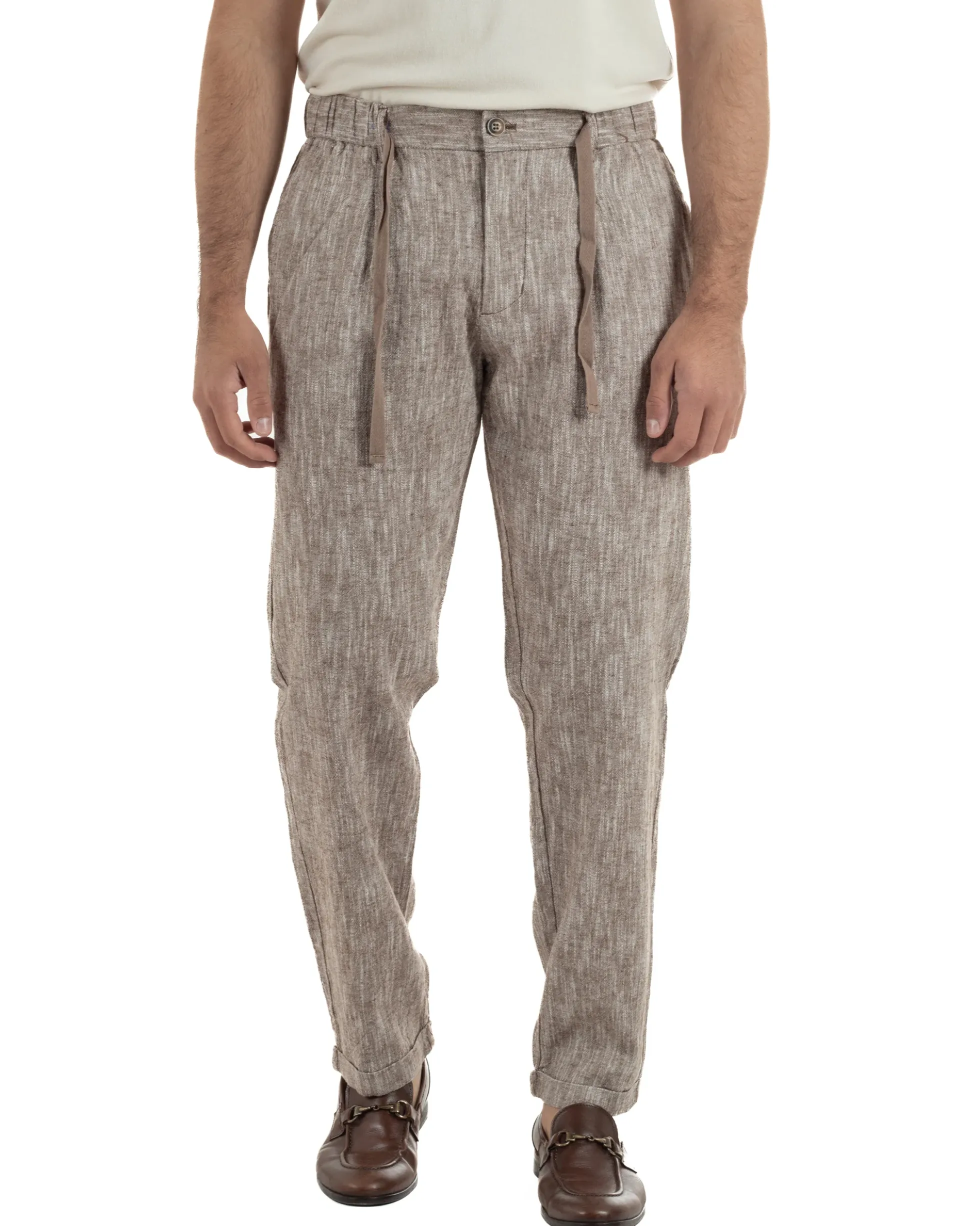 Pantaloni pantalaccio uomo lino sartoriale coulisse fango melangiato GIOSAL-P6509A
