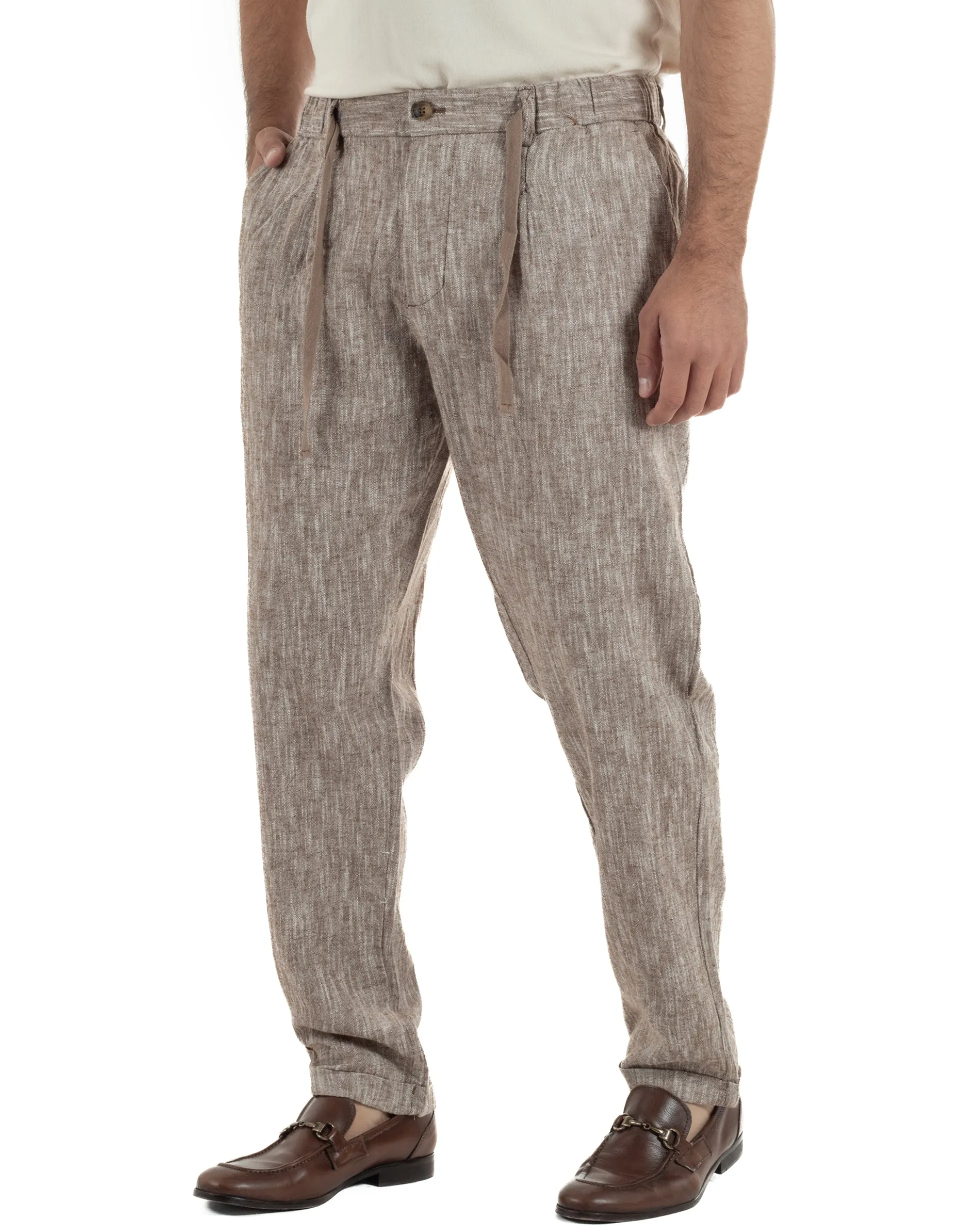 Pantaloni pantalaccio uomo lino sartoriale coulisse fango melangiato GIOSAL-P6509A