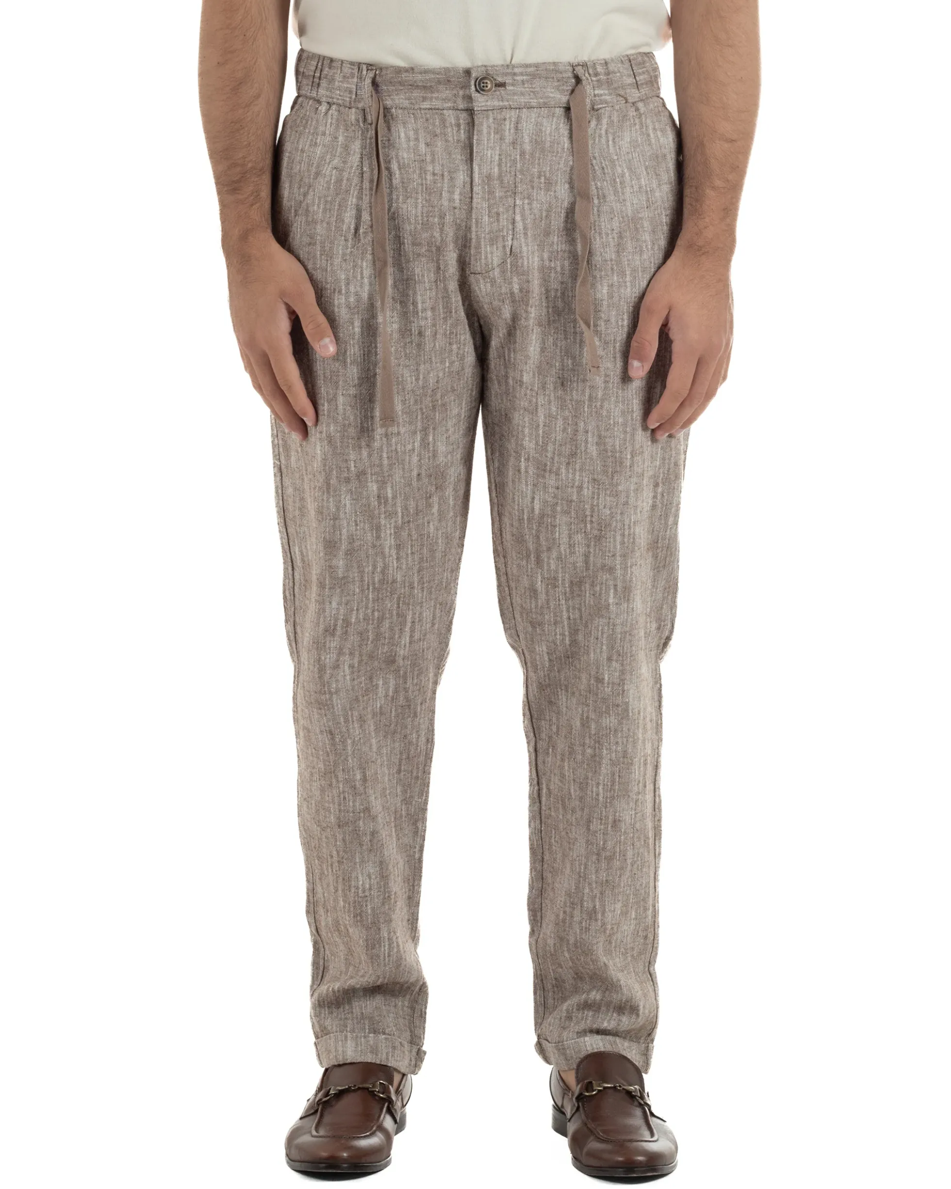 Pantaloni pantalaccio uomo lino sartoriale coulisse fango melangiato GIOSAL-P6509A