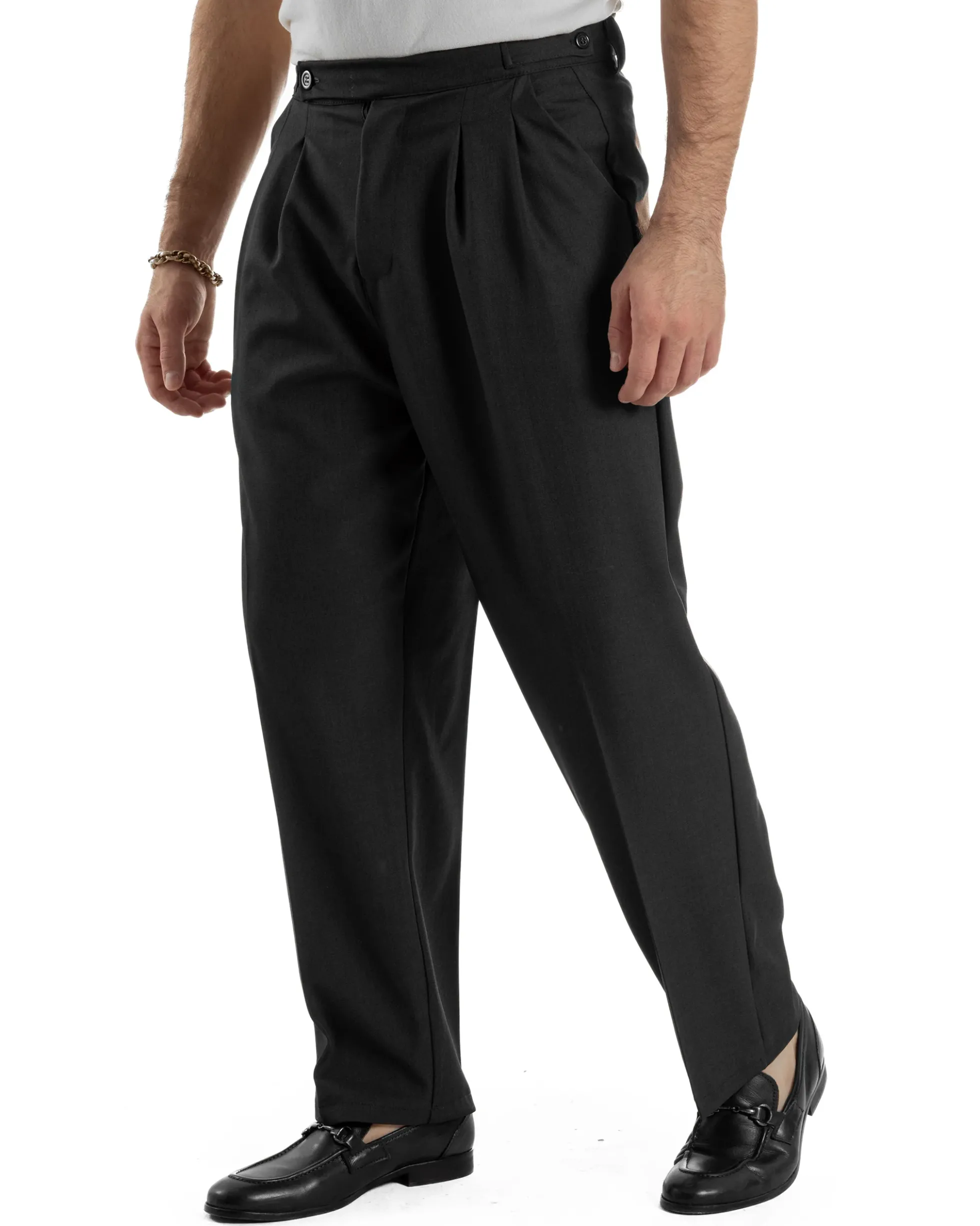 Pantaloni Uomo Baggy Con Pinces Viscosa Vita Alta Gurkha Pants Classico Nero P6413A
