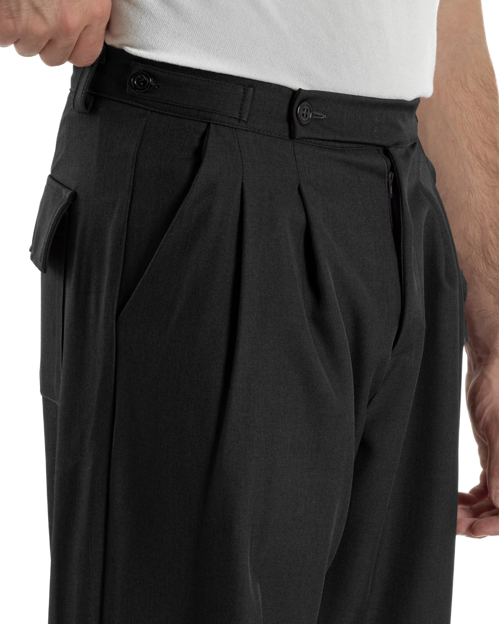 Pantaloni Uomo Baggy Con Pinces Viscosa Vita Alta Gurkha Pants Classico Nero P6413A