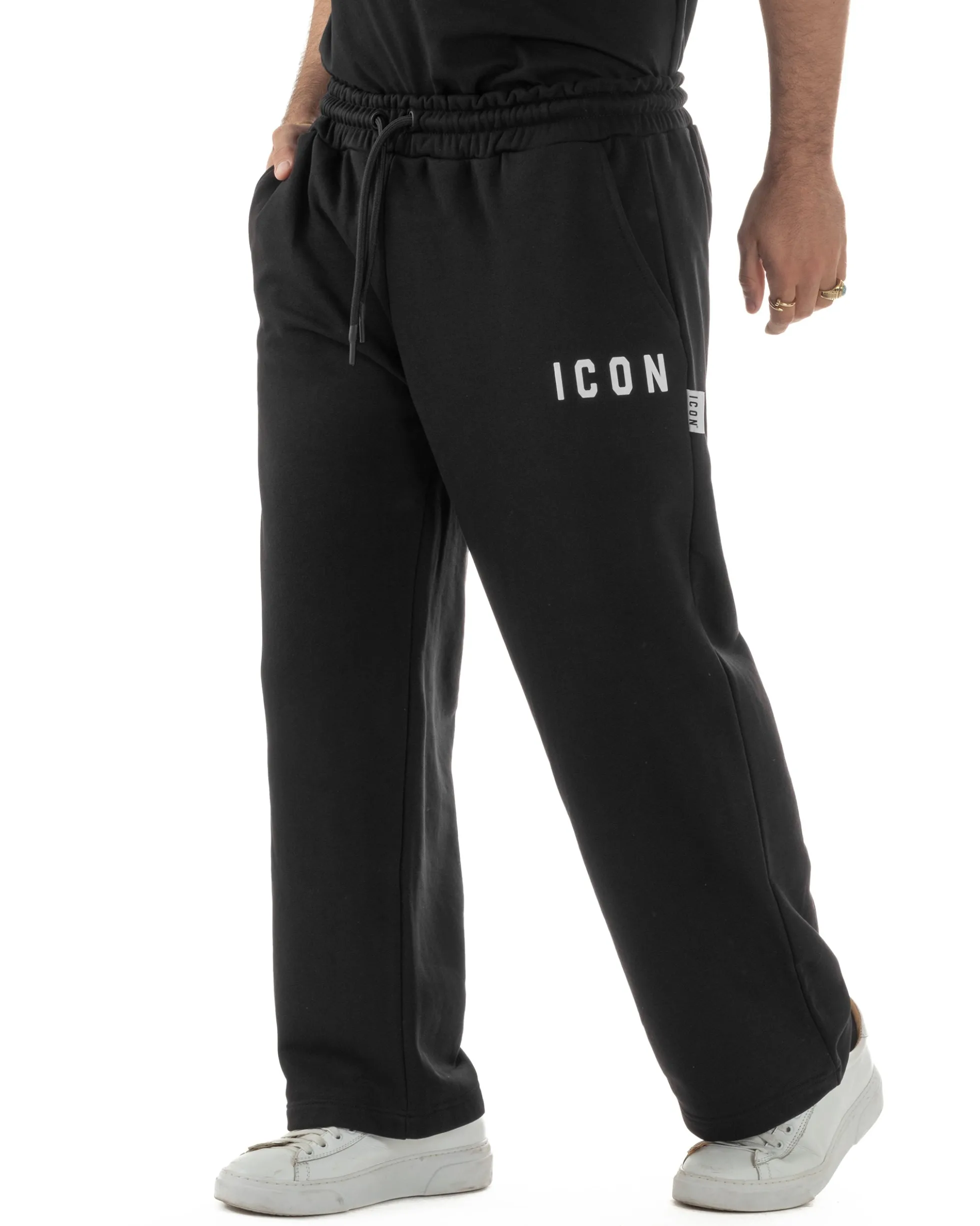 Pantaloni uomo baggy pantalaccio tuta cotone basic logo nero ICON IUP001