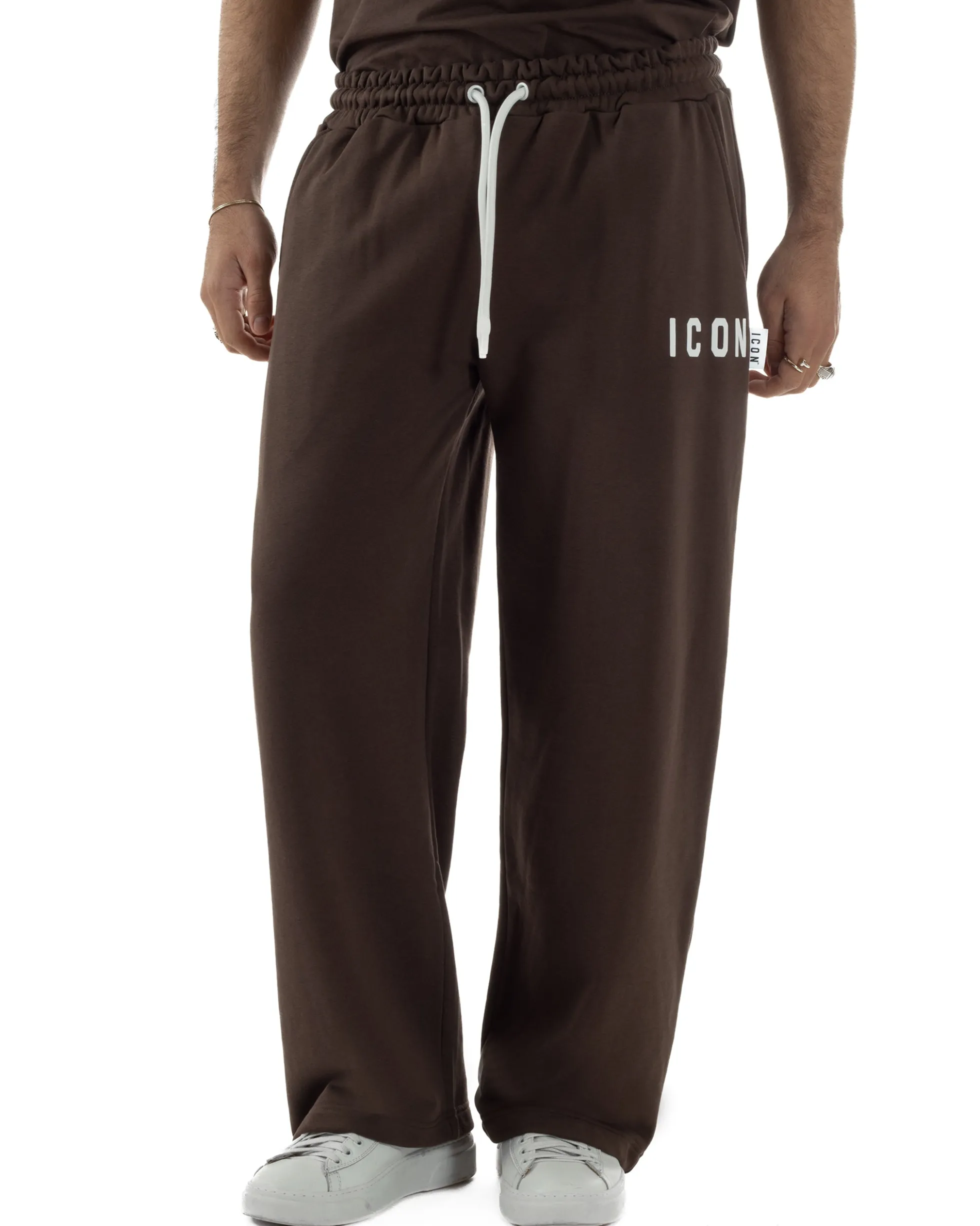 Pantaloni uomo baggy pantalaccio tuta cotone basic logo marrone ICON IUP001