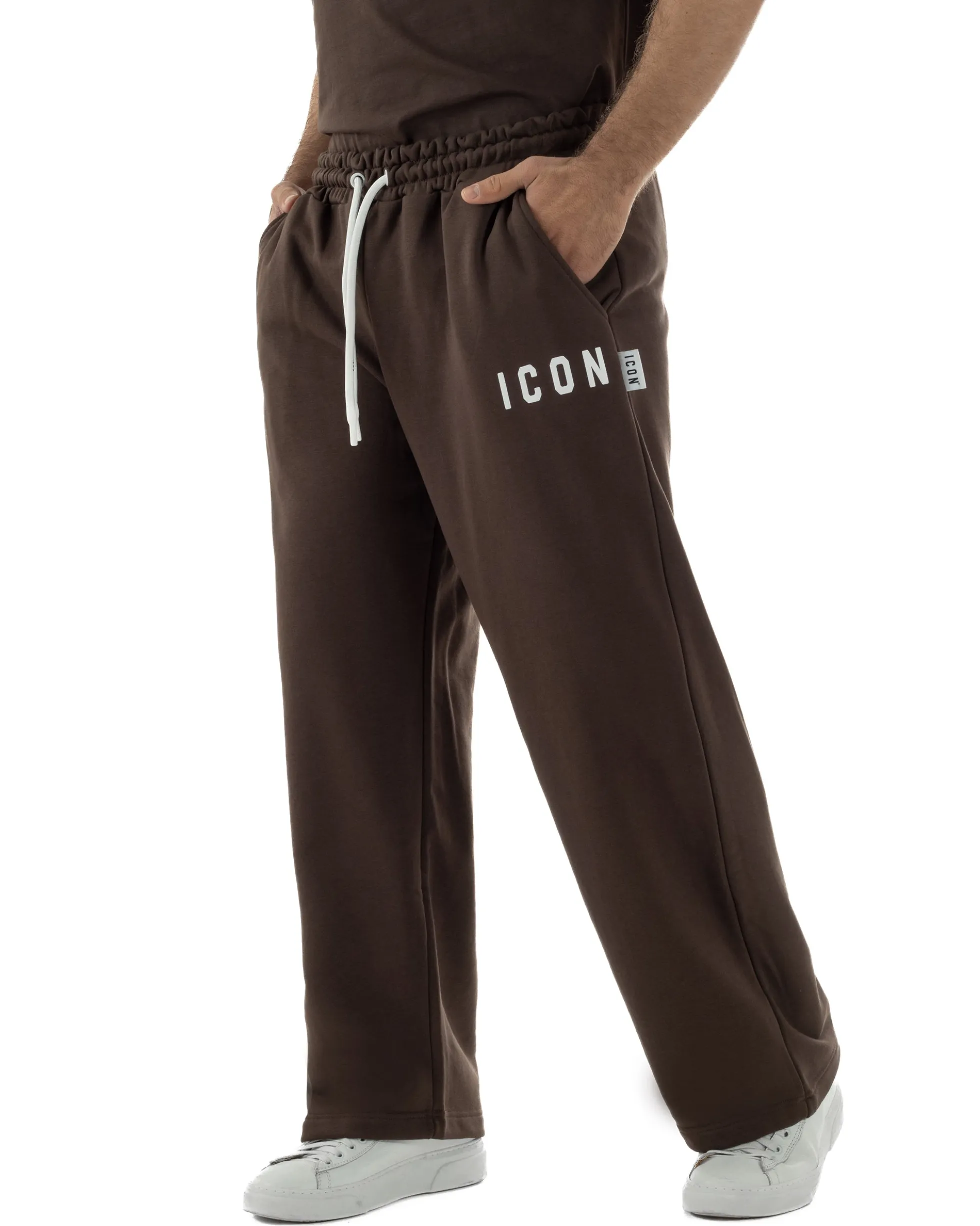 Pantaloni uomo baggy pantalaccio tuta cotone basic logo marrone ICON IUP001
