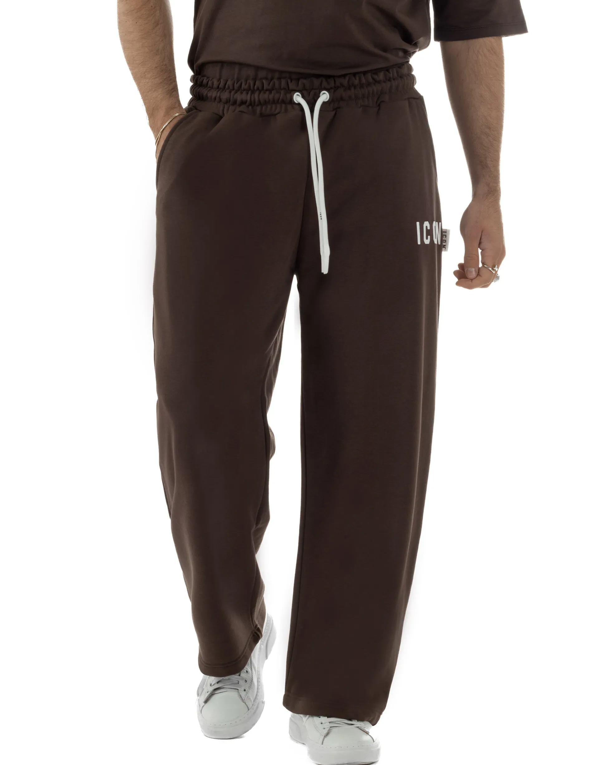 Pantaloni uomo baggy pantalaccio tuta cotone basic logo marrone ICON IUP001