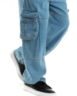 Pantaloni Uomo Cargo Tasconi Jeans Baggy Carpenter Oversize Denim Fondo Largo Ampio GIOSAL-JS1028A